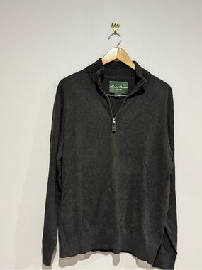 Eddie Bauer men's gray knit 1/4 zip mock neck cotton cashmere sweater L